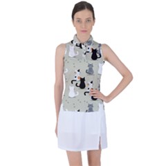 Cute Cat Seamless Pattern Women s Sleeveless Polo T-shirt