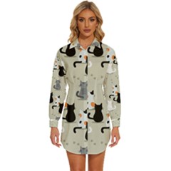 Cute Cat Seamless Pattern Womens Long Sleeve Shirt Dress
