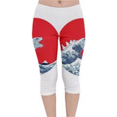 The Great Wave Of Kaiju Velvet Capri Leggings  by Cendanart