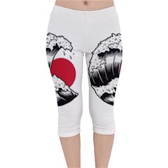 Japanese Sun & Wave Velvet Capri Leggings  by Cendanart