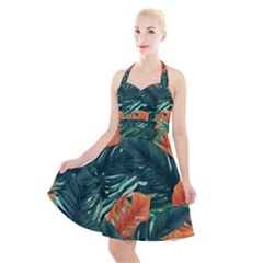 Green Tropical Leaves Halter Party Swing Dress 