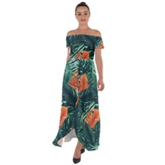 Green Tropical Leaves Off Shoulder Open Front Chiffon Dress