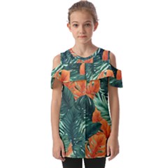 Green Tropical Leaves Fold Over Open Sleeve Top