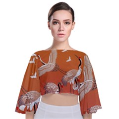 Japanese Crane Painting Of Birds Tie Back Butterfly Sleeve Chiffon Top by Cendanart