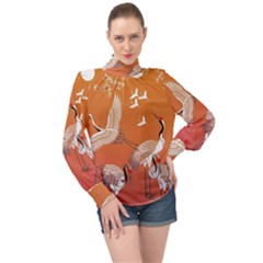 Japanese Crane Painting Of Birds High Neck Long Sleeve Chiffon Top by Cendanart