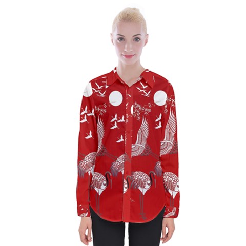 Japanese Crane Bird Art Womens Long Sleeve Shirt by Cendanart