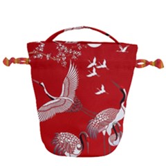 Japanese Crane Bird Art Drawstring Bucket Bag by Cendanart