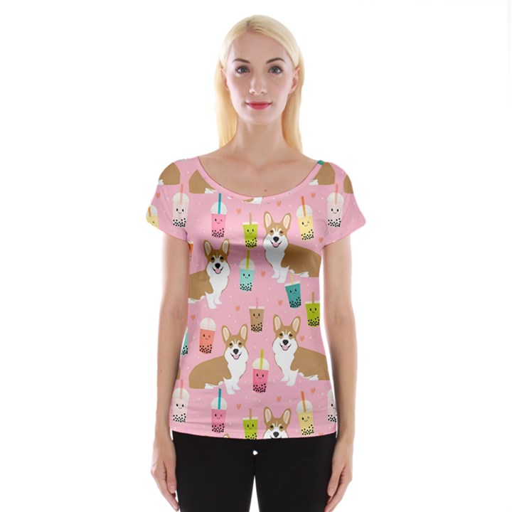 Corgi Bubble Boba Tea Pink Pattern Cap Sleeve Top