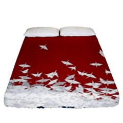 Red Sun Sea Waves Bird Japanese Art Minimalist Fitted Sheet (queen Size)