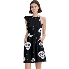 Skull Pattern Cocktail Party Halter Sleeveless Dress With Pockets by Ket1n9