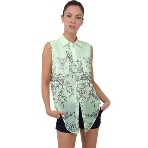 Illustration Of Butterflies And Flowers Ornament On Green Background Sleeveless Chiffon Button Shirt by Ket1n9