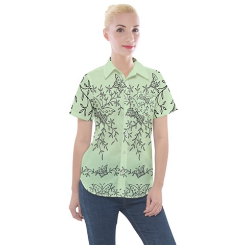 Illustration Of Butterflies And Flowers Ornament On Green Background Women s Short Sleeve Pocket Shirt by Ket1n9