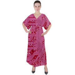 Pink Circuit Pattern V-neck Boho Style Maxi Dress by Ket1n9