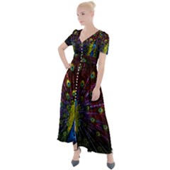 Beautiful Peacock Feather Button Up Short Sleeve Maxi Dress by Ket1n9