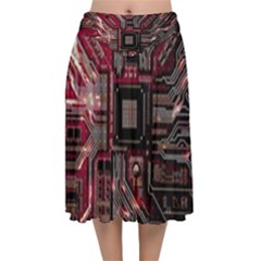 Chip Retro Technology Velvet Flared Midi Skirt by Cendanart