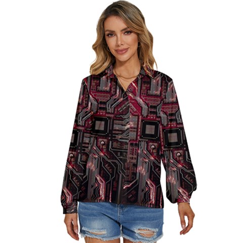 Chip Retro Technology Women s Long Sleeve Button Up Shirt by Cendanart