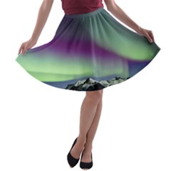 Aurora Stars Sky Mountains Snow Aurora Borealis A-line Skater Skirt by Ket1n9