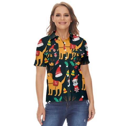 Funny Christmas Pattern Background Women s Short Sleeve Double Pocket Shirt by Ket1n9