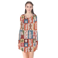 Cute Christmas Seamless Pattern Vector  - Long Sleeve V-neck Flare Dress by Ket1n9