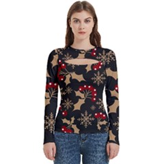 Christmas Pattern With Snowflakes Berries Women s Cut Out Long Sleeve T-shirt by Ket1n9