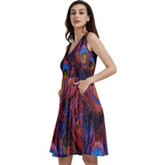 Pretty Peacock Feather Sleeveless V-neck Skater Dress With Pockets by Ket1n9