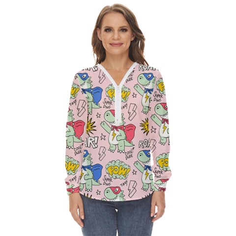 Seamless Pattern With Many Funny Cute Superhero Dinosaurs T-rex Mask Cloak With Comics Style Inscrip Zip Up Long Sleeve Blouse by Ket1n9