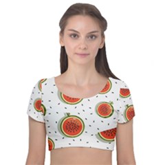 Seamless Background Pattern-with-watermelon Slices Velvet Short Sleeve Crop Top  by Ket1n9