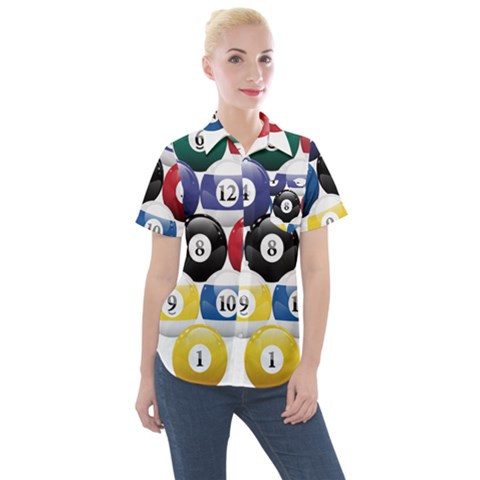 Racked Billiard Pool Balls Women s Short Sleeve Pocket Shirt by Ket1n9