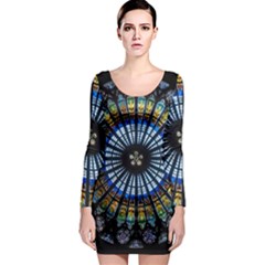 Stained Glass Rose Window In France s Strasbourg Cathedral Long Sleeve Bodycon Dress by Ket1n9