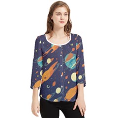 Space Galaxy Planet Universe Stars Night Fantasy Chiffon Quarter Sleeve Blouse by Ket1n9