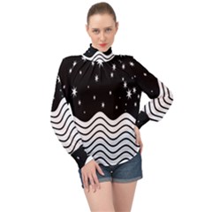 Black And White Waves And Stars Abstract Backdrop Clipart High Neck Long Sleeve Chiffon Top by Hannah976
