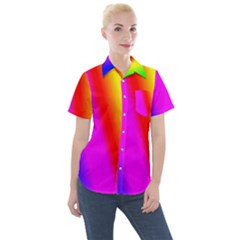 Multi Color Rainbow Background Women s Short Sleeve Pocket Shirt