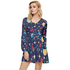 Colorful Background Moons Stars Tiered Long Sleeve Mini Dress