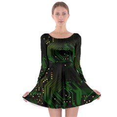 Circuits Circuit Board Green Technology Long Sleeve Skater Dress by Ndabl3x