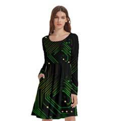 Circuits Circuit Board Green Technology Long Sleeve Knee Length Skater Dress With Pockets by Ndabl3x