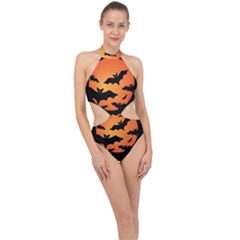 Halloween Bats Moon Full Moon Halter Side Cut Swimsuit by Cendanart