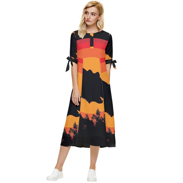 Forest Bear Silhouette Sunset Bow Sleeve Chiffon Midi Dress