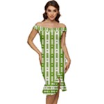 Christmas Green Tree Background Off Shoulder Ruffle Split Hem Bodycon Dress