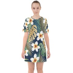 Seamless Pattern With Tropical Strelitzia Flowers Leaves Exotic Background Sixties Short Sleeve Mini Dress by Ket1n9