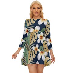 Seamless Pattern With Tropical Strelitzia Flowers Leaves Exotic Background Long Sleeve Babydoll Dress by Ket1n9