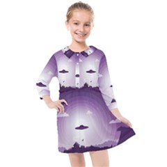 Ufo Illustration Style Minimalism Silhouette Kids  Quarter Sleeve Shirt Dress by Cendanart