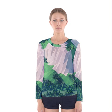 Green And White Polygonal Mountain Women s Long Sleeve T-shirt by Cendanart