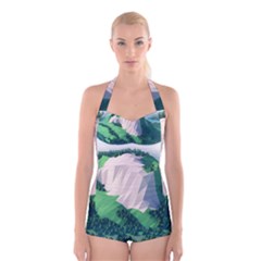 Green And White Polygonal Mountain Boyleg Halter Swimsuit  by Cendanart