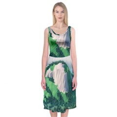 Green And White Polygonal Mountain Midi Sleeveless Dress by Cendanart