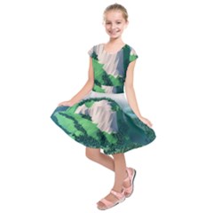 Green And White Polygonal Mountain Kids  Short Sleeve Dress by Cendanart
