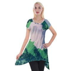 Green And White Polygonal Mountain Short Sleeve Side Drop Tunic by Cendanart
