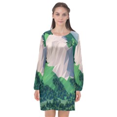 Green And White Polygonal Mountain Long Sleeve Chiffon Shift Dress  by Cendanart