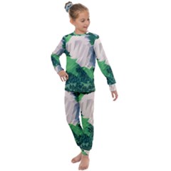 Green And White Polygonal Mountain Kids  Long Sleeve Set  by Cendanart