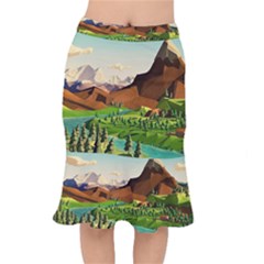 River Between Green Forest With Brown Mountain Short Mermaid Skirt