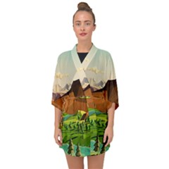 River Between Green Forest With Brown Mountain Half Sleeve Chiffon Kimono by Cendanart
